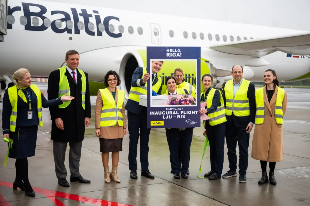 First AirBaltic aircraft welcomed at Ljubljana airport. Photo: Boštjan Podlogar/STA